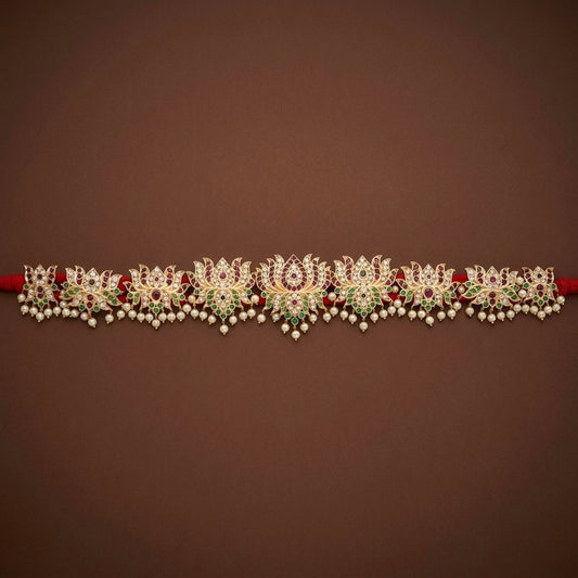 Gold tone precious kemp-green-white pearl lotus waist band dj-53377