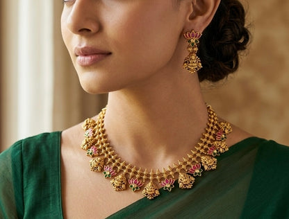 Antique gold tone pink-green-white kundan jadau lotus lakshmi necklace set dj-48936