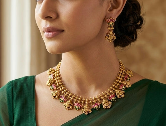 Antique gold tone pink-green-white kundan jadau lotus lakshmi necklace set dj-48936