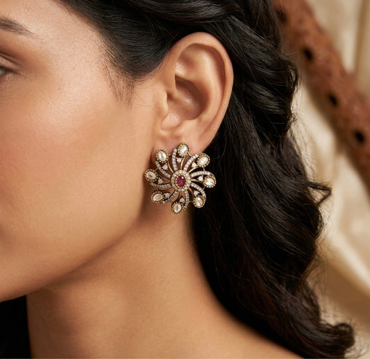 Antique finish cz pink victorian flower stud/earrings dj-51472