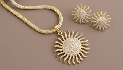 Gold tone cz white stone sun flower pendant set dj-35011