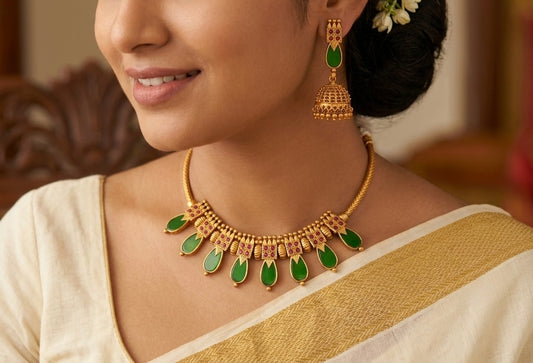 Matte finish red-green nagapadam kerala style necklace set dj-45407