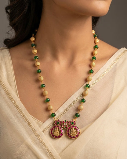 Antique gold tone kemp-green lakshmi kunan jadau beaded mala/short haar dj-54696