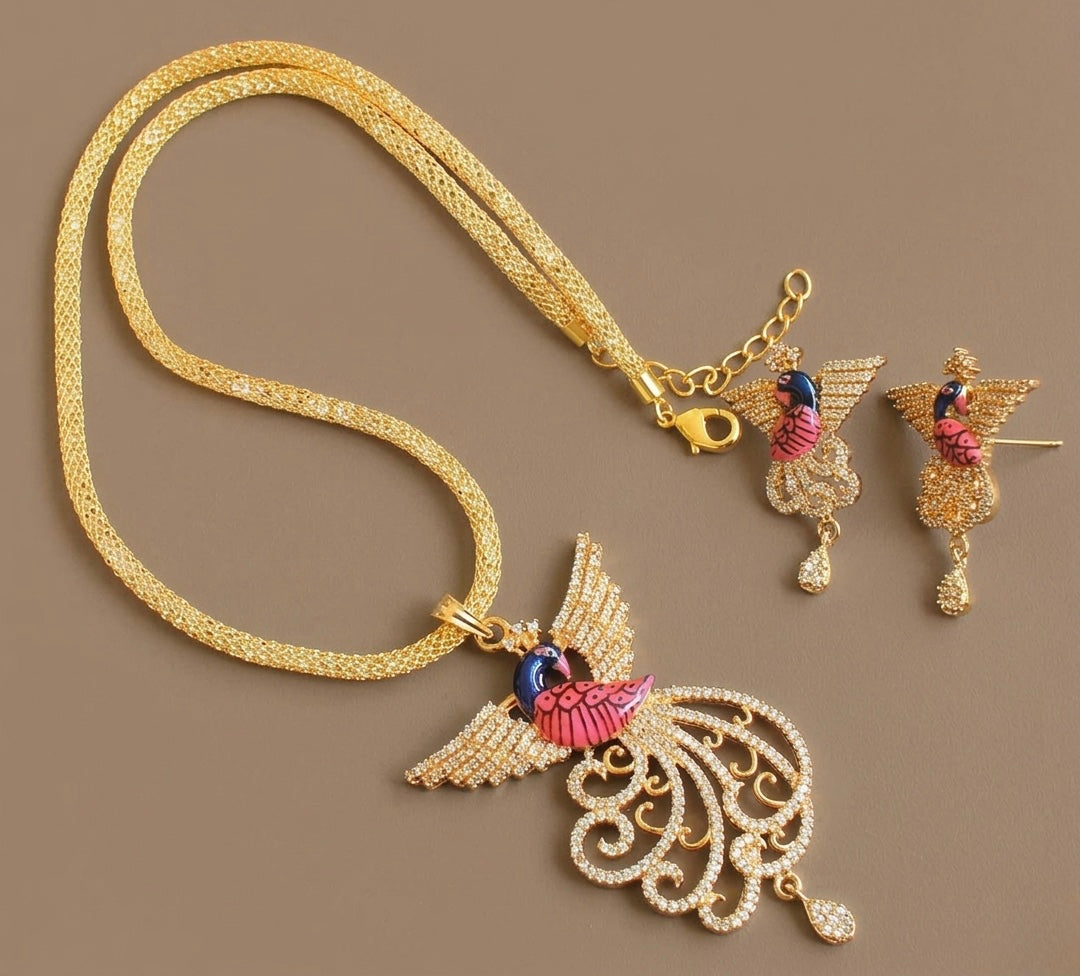 Gold tone Cz White Peacock Meenakari Pendant with chain Set DJ21897