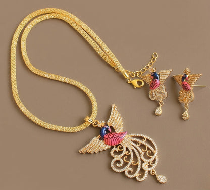 Gold tone Cz White Peacock Meenakari Pendant with chain Set DJ21897