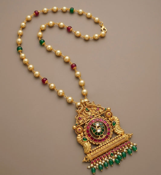 Gold tone pink-green kundan jadau peacock designer necklace dj-35886