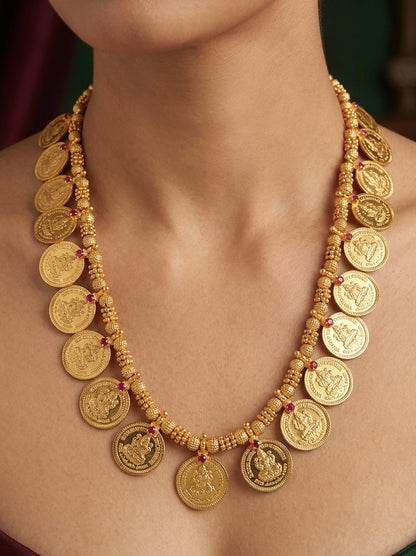 Gold tone pink stone lakshmi coin mid/length necklace dj-54137