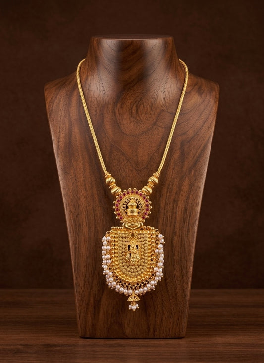 Gold tone pink pearl kerala style Krishna kathakali necklace dj-53112