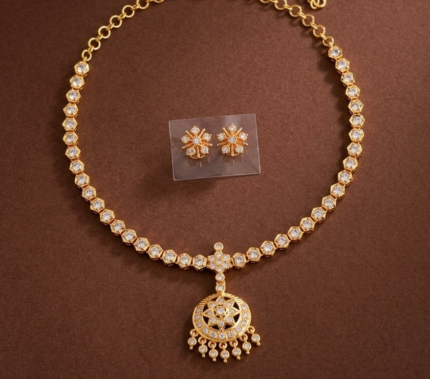 Gold tone AD white stone south Indian necklace set dj-53330