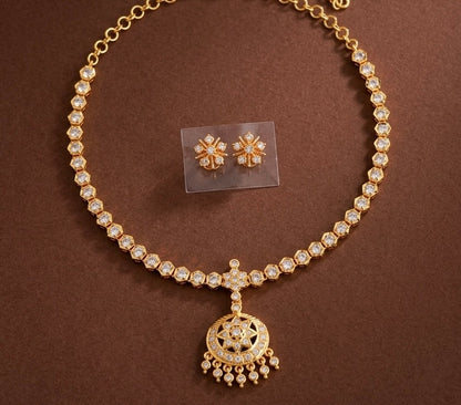 Gold tone AD white stone south Indian necklace set dj-53330
