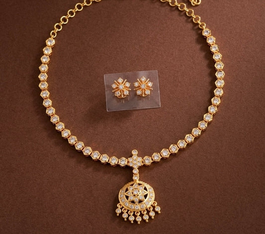 Gold tone AD white stone south Indian necklace set dj-53330