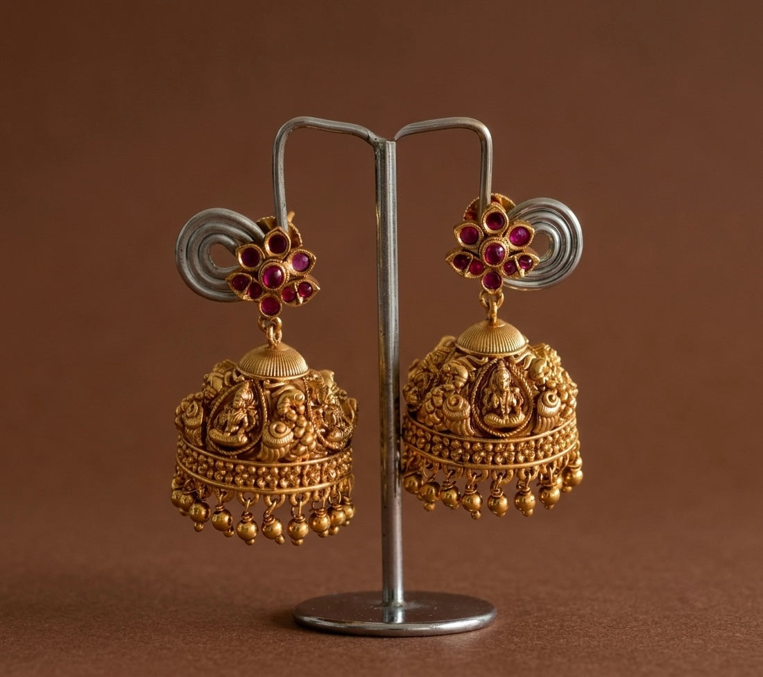 Antique gold tone kemp lakshmi peacock nakshi jhumkka dj-51872