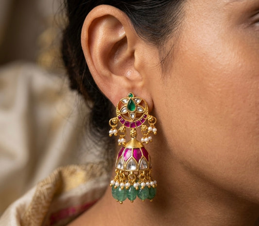 Gold tone pink-green-white stone kundan jadau green beaded moon jhumkka  dj-54585