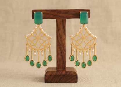 Gold tone Green-Pearl long Earrings-dj11503
