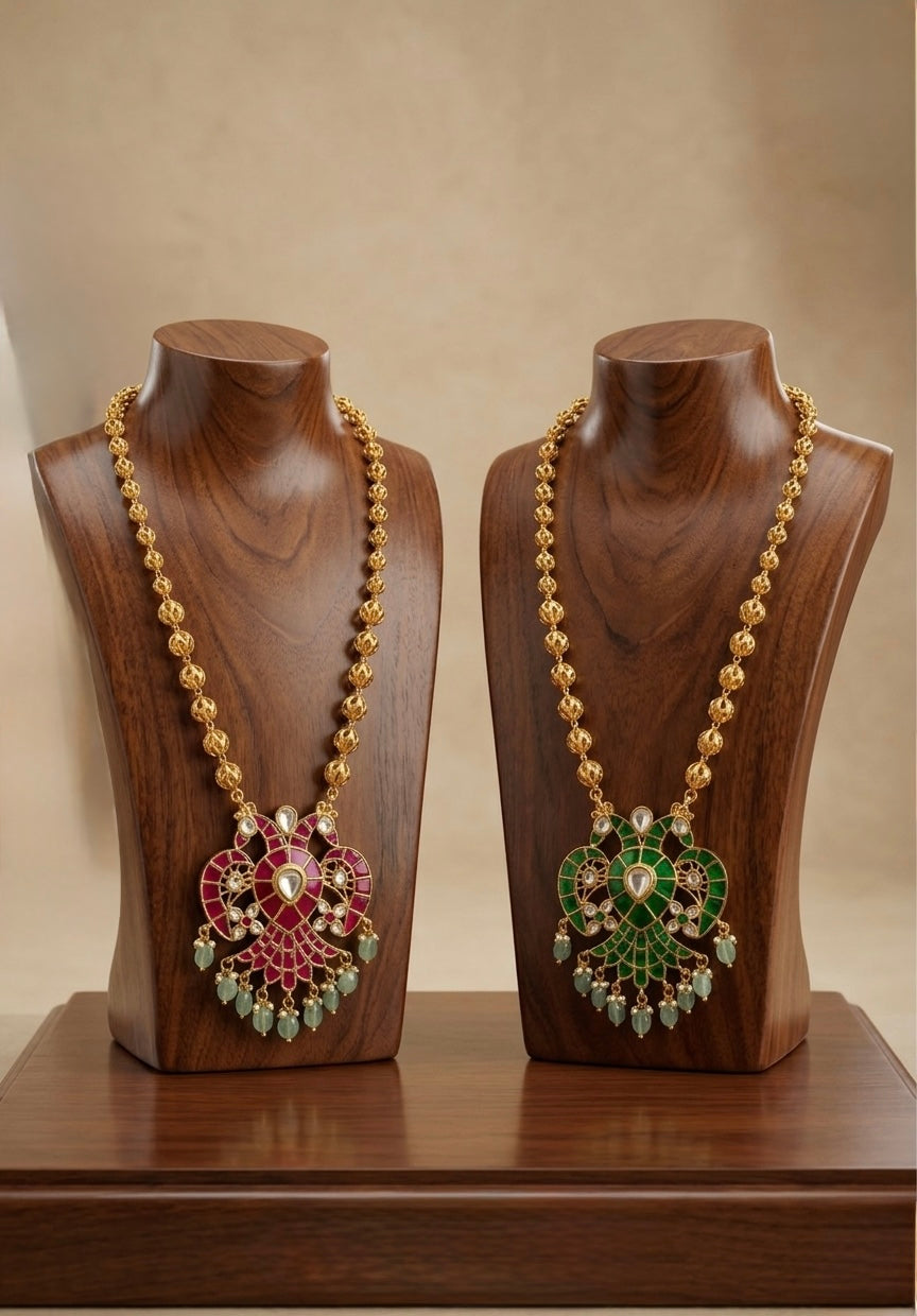 Gold tone pink-green-white kundan jadau Gandaberunda reversible necklace dj-53994