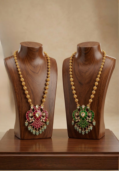 Gold tone pink-green-white kundan jadau Gandaberunda reversible necklace dj-53994