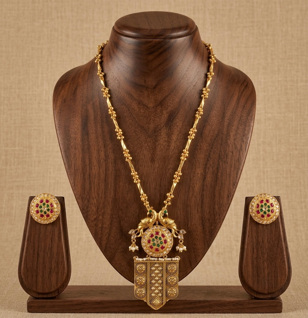 Antique gold tone Kundan jadau peacock chain with pendant set dj-53853