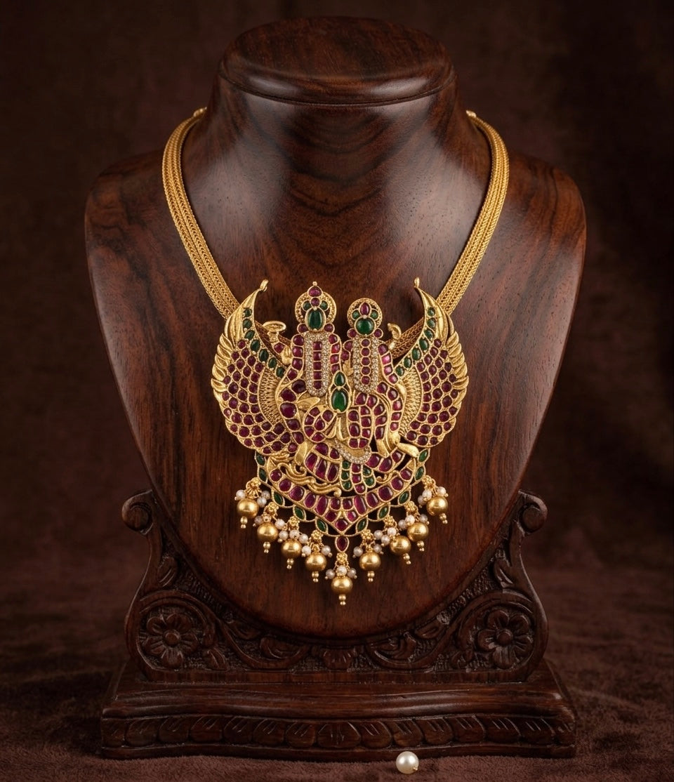 Antique gold tone kemp-green lakshmi-mahavishnu necklace dj-53849