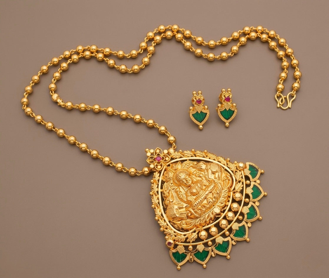 Gold Tone Green Palakka Lakshmi Necklace Set DJ24906