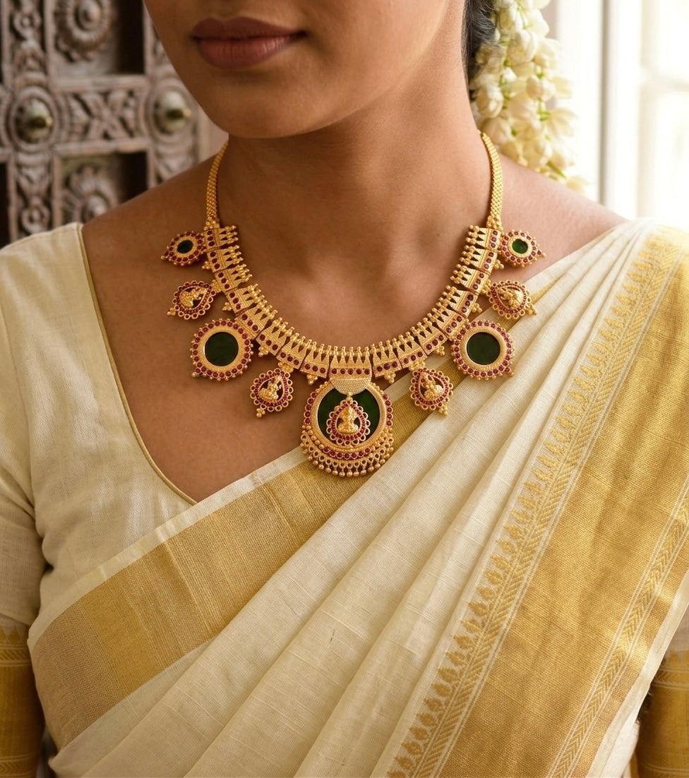 Gold tone kerala style lakshmi pink stone big green round necklace dj-53086