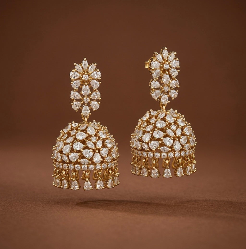 Dark antique gold tone flower white stone jhumkka dj-54647