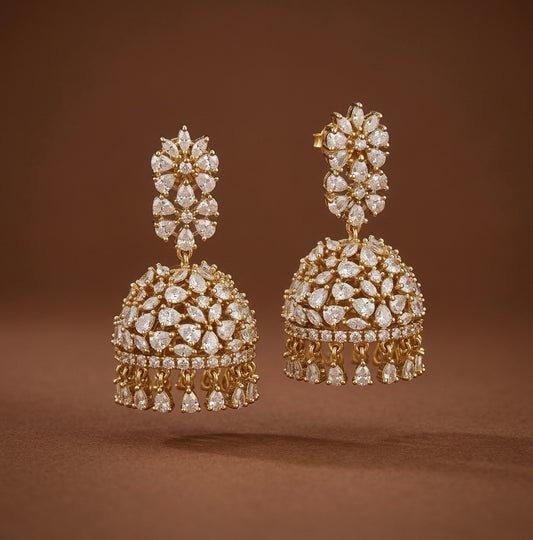 Dark antique gold tone flower white stone jhumkka dj-54647