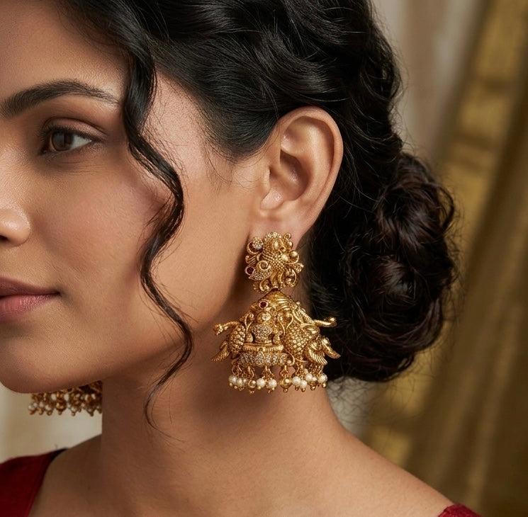 Antique gold tone nakshi peacock lakshmi  jhumkka dj-53566