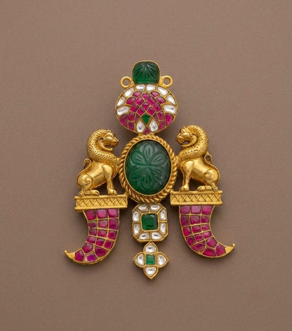 Antique carved green stone jadau lion pendant dj-53847