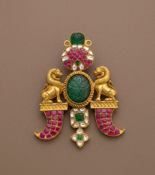 Antique carved green stone jadau lion pendant dj-53847