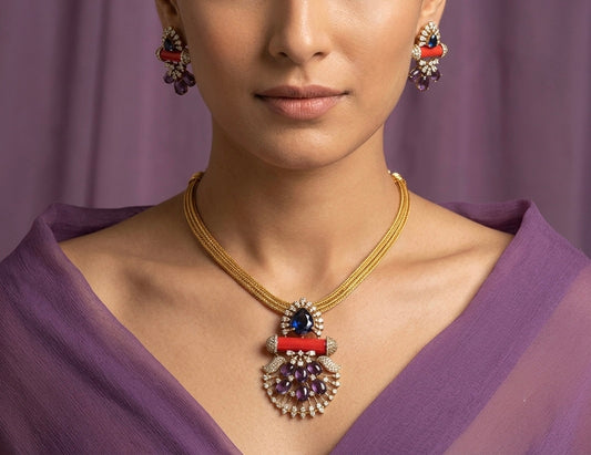 Antique gold tone coral purple beaded necklace set dj-54263