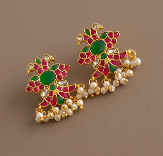 Gold tone kundan jadau gandaberunda earrings dj-54255