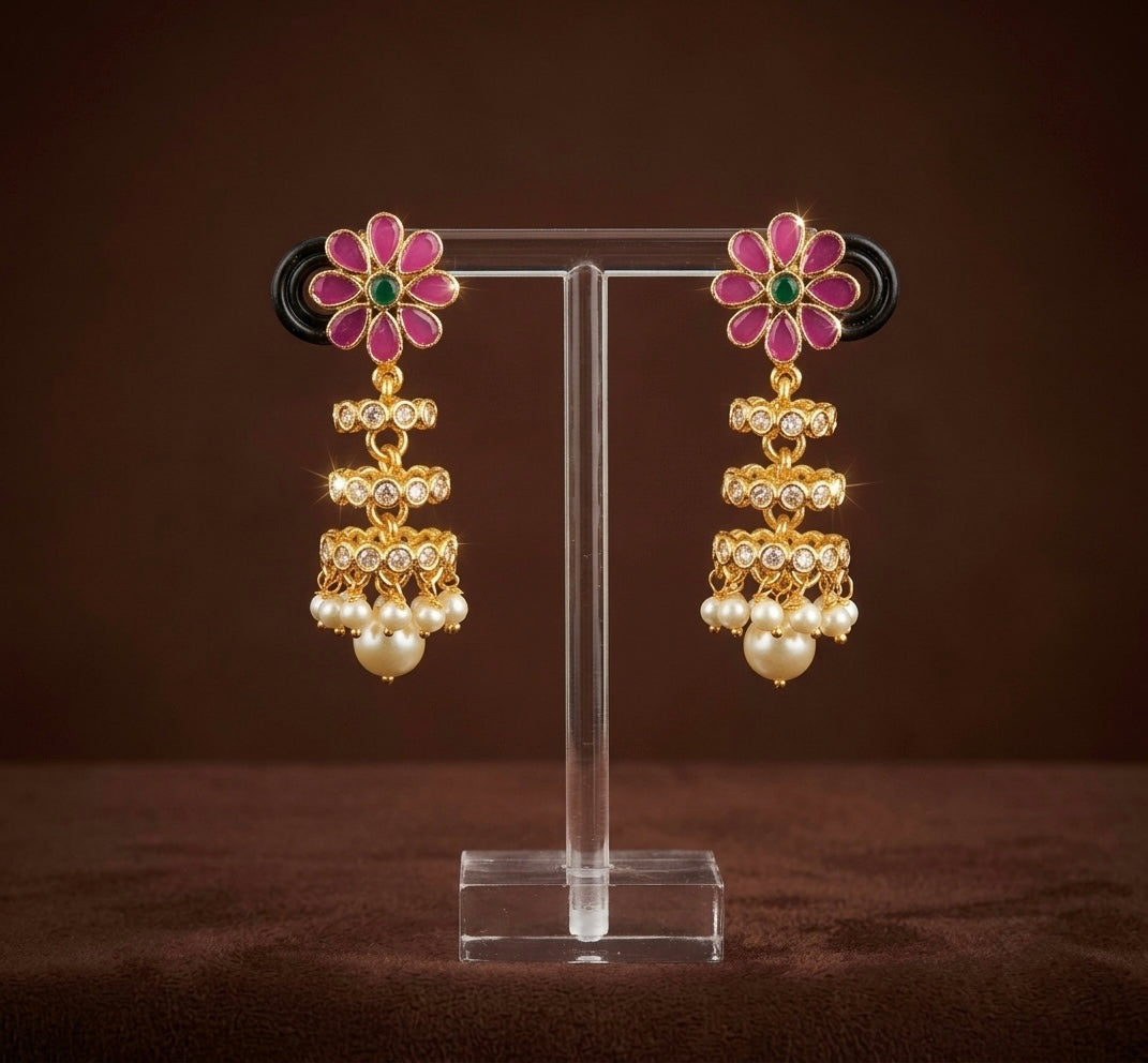 Antique gold tone ruby-green-white stone pearl step jhumkka dj-54630