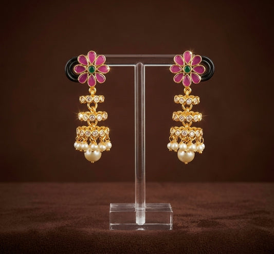 Antique gold tone ruby-green-white stone pearl step jhumkka dj-54630