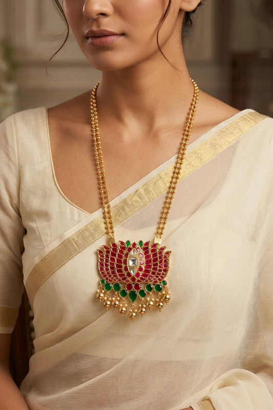 Gold tone pink-green kundan jadau lotus pendant necklace dj-54607
