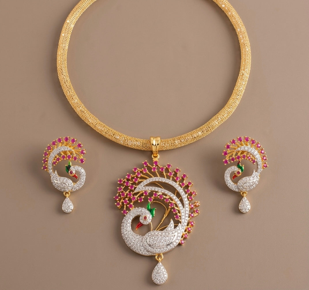 Two tone cz ruby peacock necklace set-dj06075