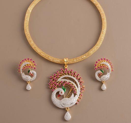 Two tone cz ruby peacock necklace set-dj06075