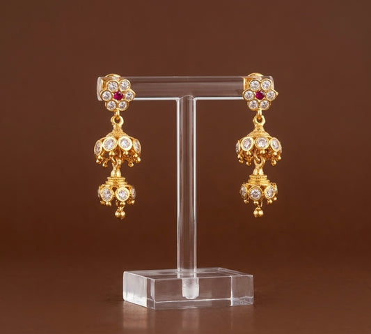 Gold tone ad pink-white stone south indian step jhumkka dj-54894