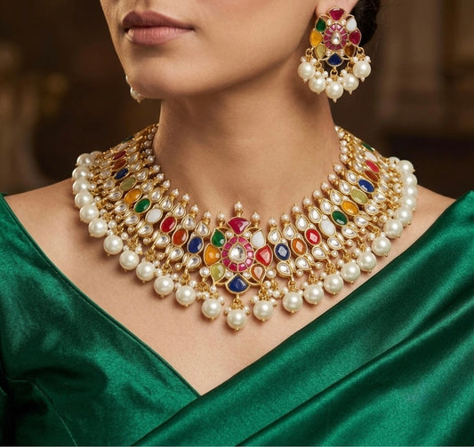 Antique gold tone pearl kundan jadau navarathna necklace set dj-54168