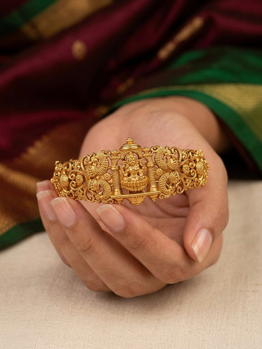 Antique gold tone lakshmi peacock lock type openable kada/bracelet dj-53462