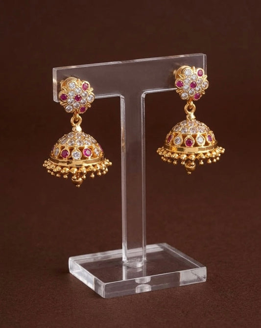 Gold tone ad pink-white stone south Indian jhumkka dj-54895