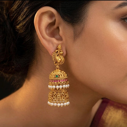 Antique gold tone kemp-green pearl peacock step jhumkka dj-54565