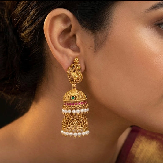 Antique gold tone kemp-green pearl peacock step jhumkka dj-54565