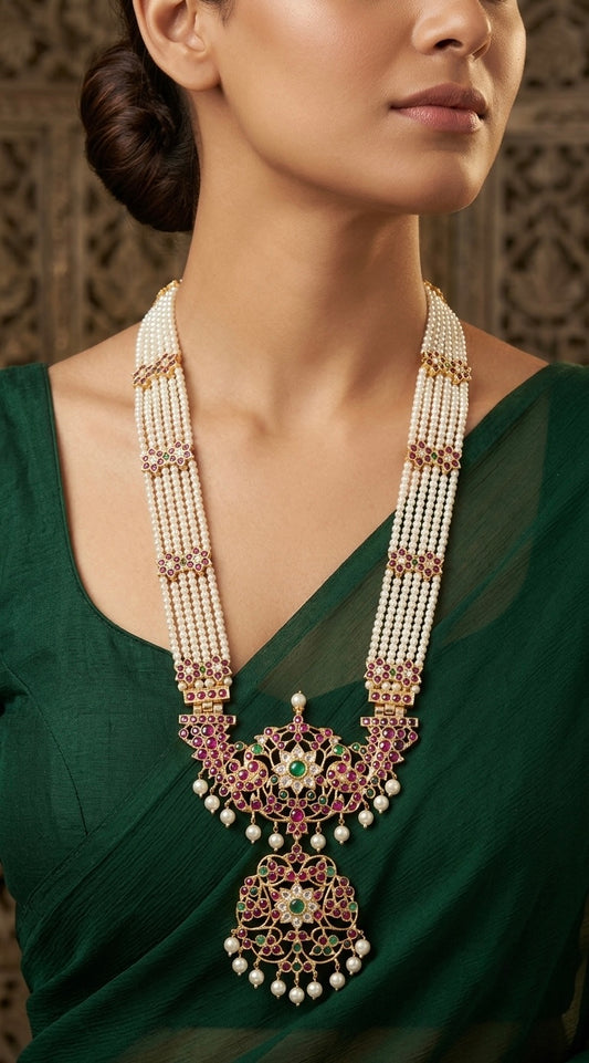 Gold tone precious kemp-green-white pearl flower peacock haar dj-54681