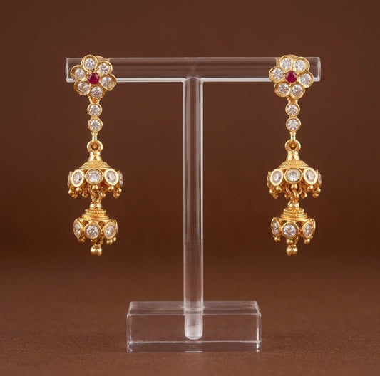 Gold tone ad pink-white stone south indian step jhumkka dj-54893