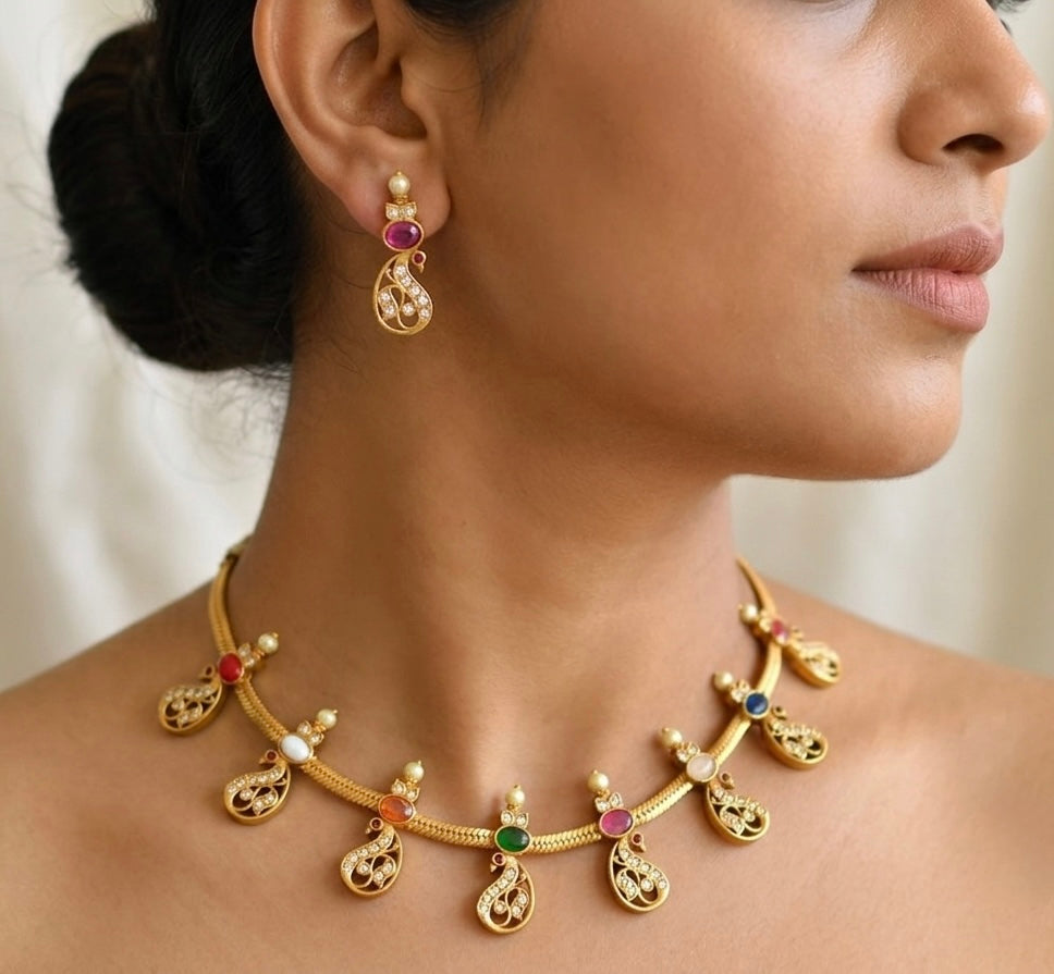 Matte finish navaratna stone peacock necklace set dj-34399