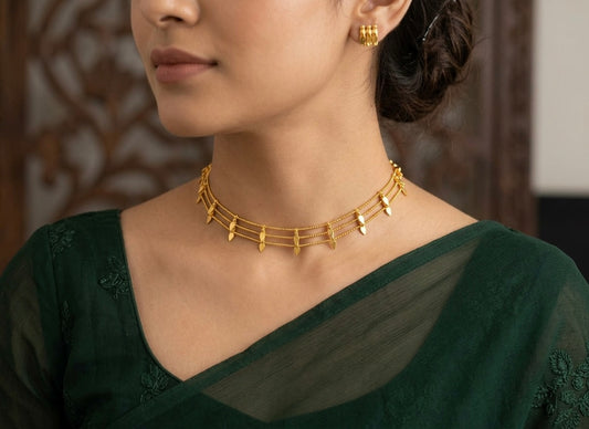 Gold tone kerala style elakka thali layer choker necklace set dj-55089