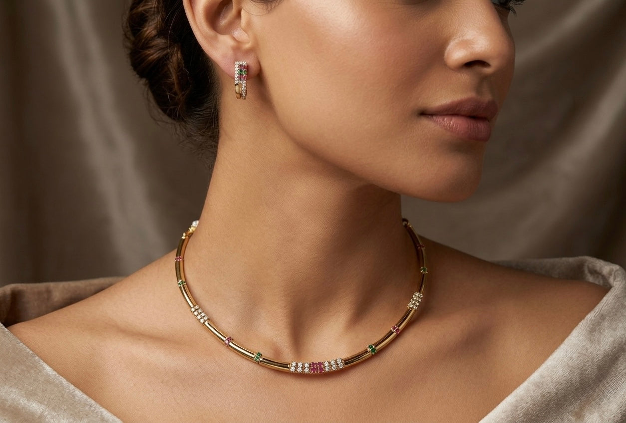Antique gold tone cz ruby-green kanti necklace set dj-52079