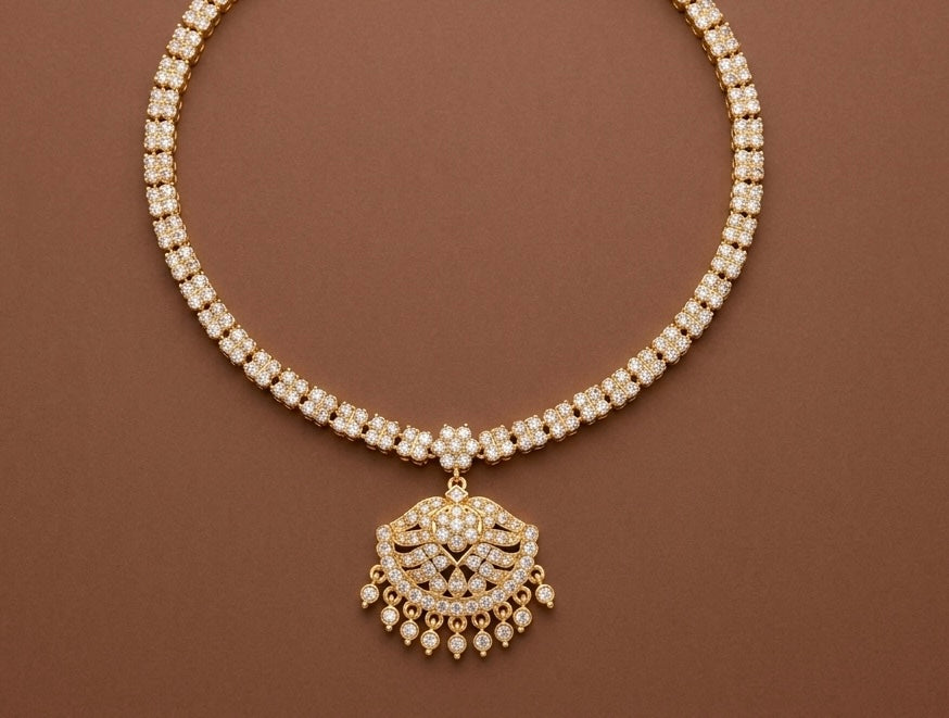 Gold tone AD white stone south Indian flower necklace dj-53333