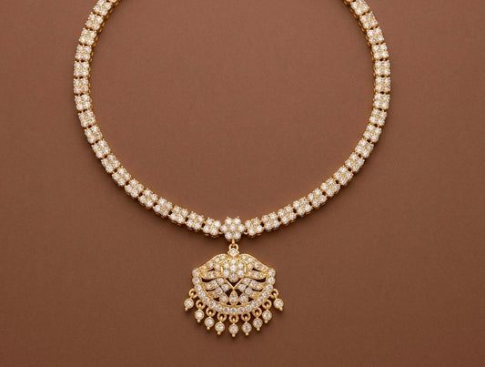 Gold tone AD white stone south Indian flower necklace dj-53333