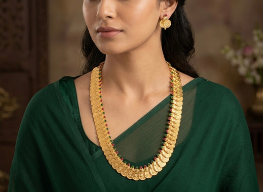 Gold Tone Kemp-green peacock Lakshmi Coin Haar Set-dj13999